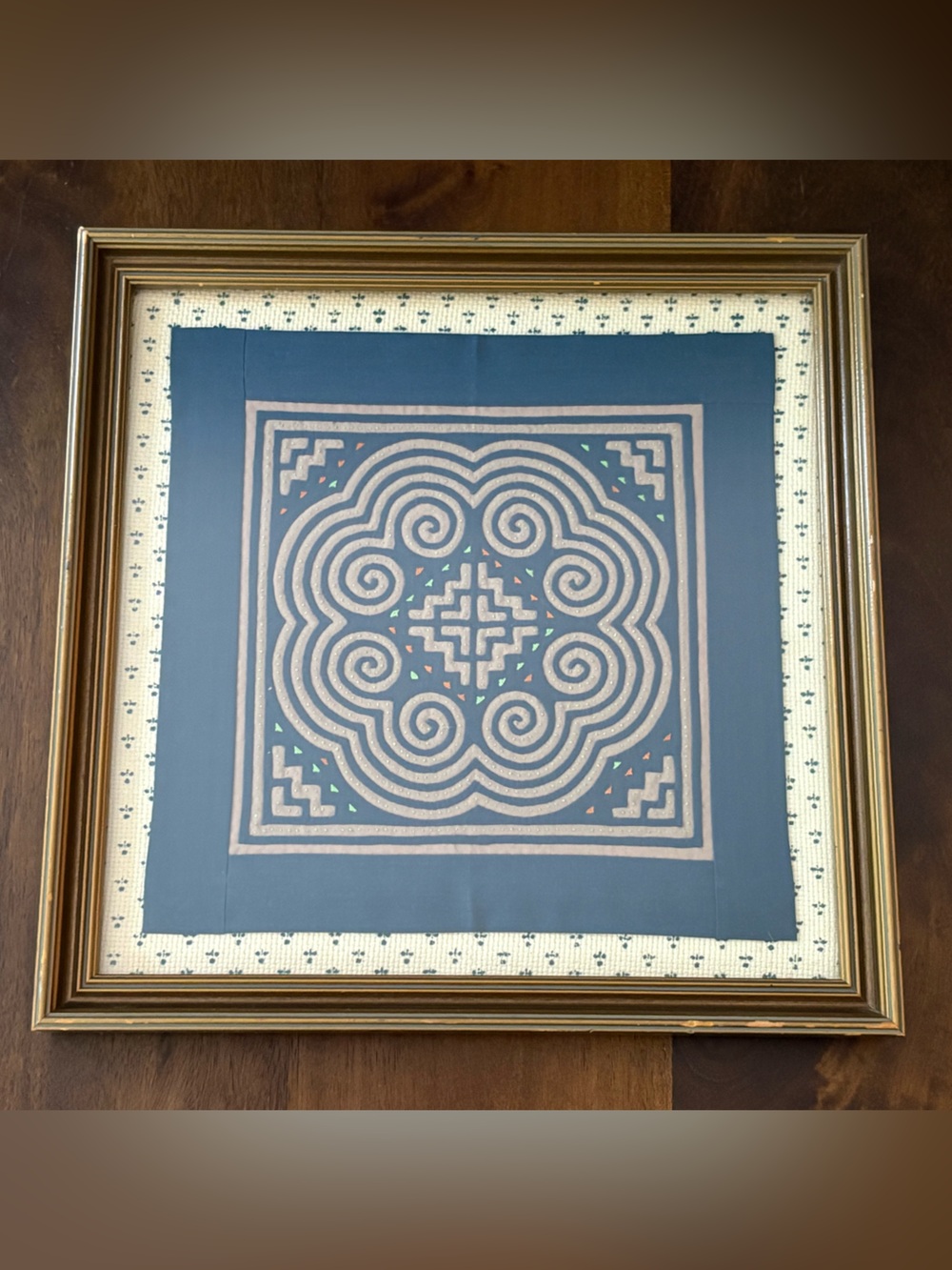 Framed Hmong Embroidered Appliqué Quilt Square Matted Wall Art Blue/ Tan